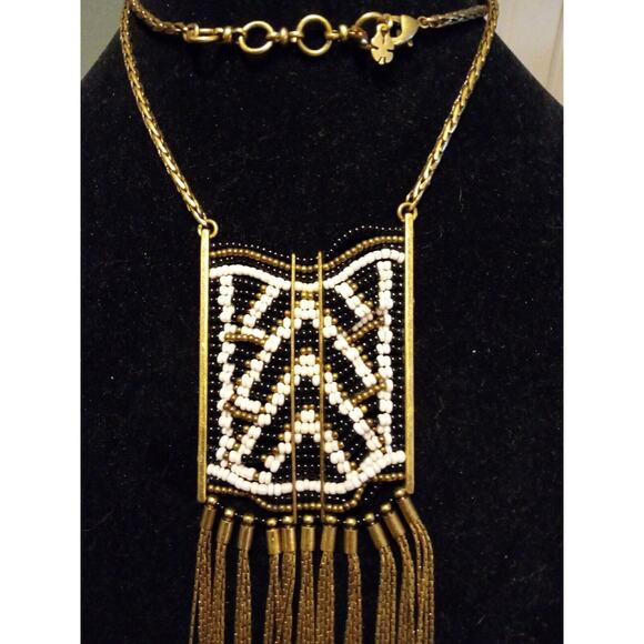 Lucky Brand Necklace Long Beaded Fringe Chest Plate Gold Black White Boho - Picture 3 of 8